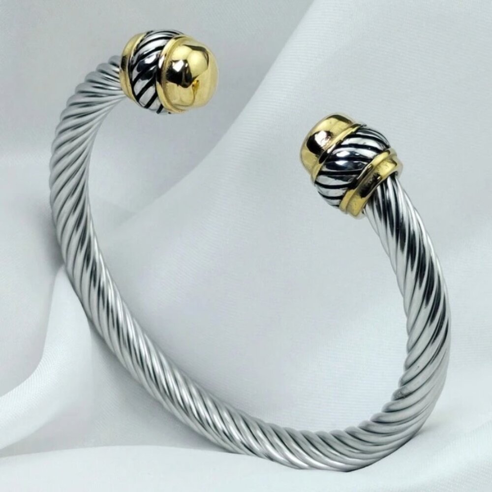 Silver Cable Two Tone Womens Bangle Bracelet One Size